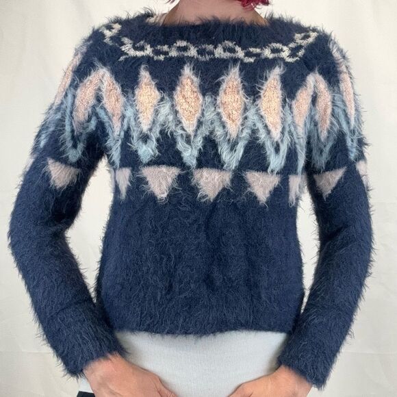 LC Lauren Conrad Women's Fuzzy Fair Isle Sweater Blue White Pink M Med Medium - Picture 1 of 13